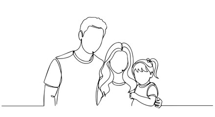 Family trip line art illustration showing mother, father, and daughter. Family trip concept, simple line drawing of family members close to each other, embracing in happiness.