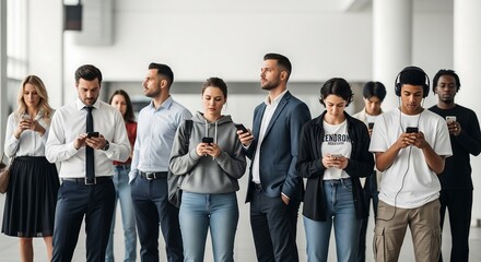Obraz premium A diverse group of people stand side-by-side, many looking at their phones, in a bright, modern space. Some are in business attire, others casual.