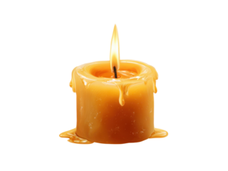 Burning beeswax candle with dripping wax and bright flame light, Isolated, Png Transparent Background