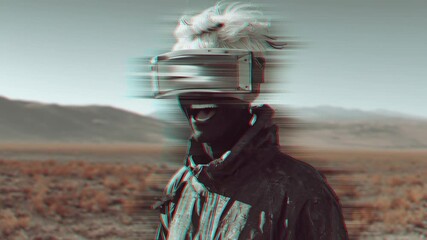 Human virtual reality headset exploring digital world with aliens glitch effect outdoor desert landscape futuristic technology - Powered by Adobe