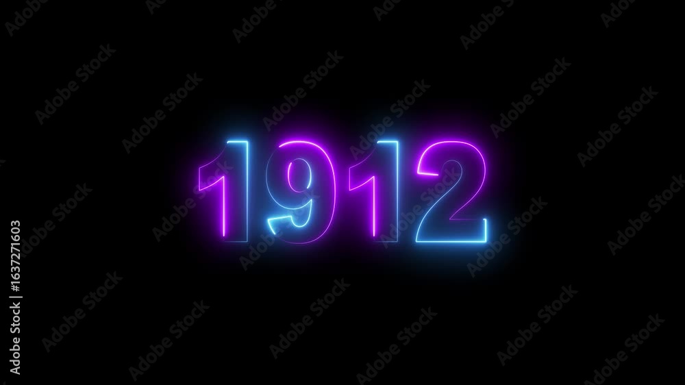 Poster glowing neon 1912 neon line text. abstract 1912 neon text animation ,for neon color glowing neon num