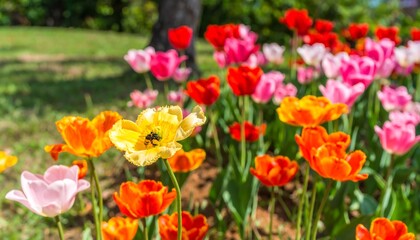 Tulips bloom in sunlit field