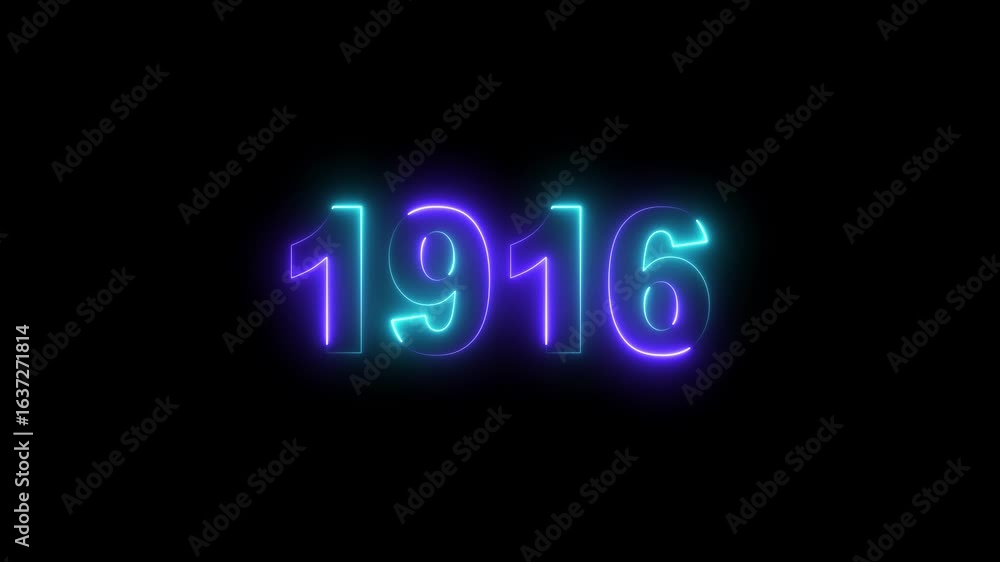 Poster glowing neon 1916 neon line text. abstract 1916 neon text animation, glowing neon number text backgr