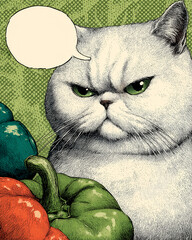 Grumpy Cat with Bell Peppers Pop Art Illustration