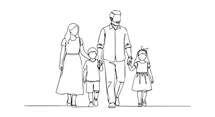 Family trip depicted in single line art, drawing parents and children holding hands while walking together. Minimalist illustration of family trip highlights unity, love and togetherness,