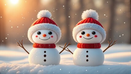 Obraz premium Two adorable snowmen wearing red hats and scarves in a snowy winter landscape with warm sunlight