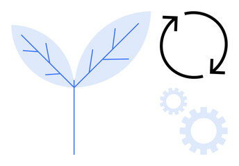 Leaf with delicate veins, circular arrows indicating recycling, and gears suggesting innovation and process optimization. Ideal for sustainability, eco-friendliness, recycling, growth, innovation