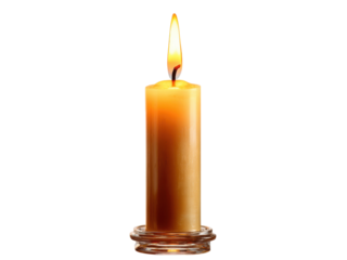 Tall cylindrical candle with glowing flame on glass holder light burning, Isolated, Png Transparent Background