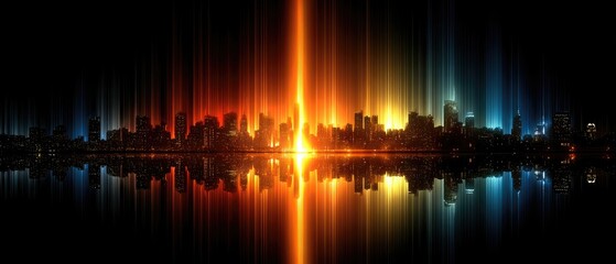 City skyline at night, vibrant light reflections on water