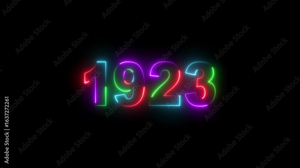 Poster glowing neon 1923 text with screen effects of technological failures. concept of counting years. pas