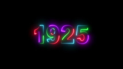 Glowing neon 1925 text with screen effects of technological failures. Concept of counting years. Past year technology concept black background