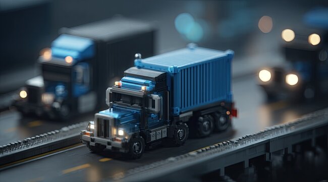 Low-poly trucks on a dark road
