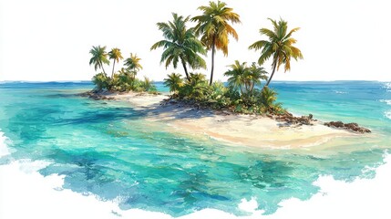 Fototapeta premium A beautiful tropical paradise with bright turquoise water, palm trees, and a soft sandy beach, isolated on a white background