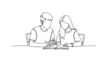 Help homework session with teenage girl and boy studying together at table. Students share textbook, preparing for exam.  Help homework concept for educational resources, online tutoring ads,