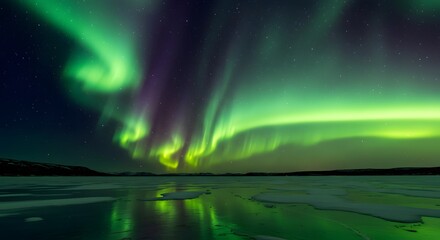 Naklejka premium A breathtaking celestial display of the aurora borealis with vibrant green and purple lights dancing over a frozen arctic lake.