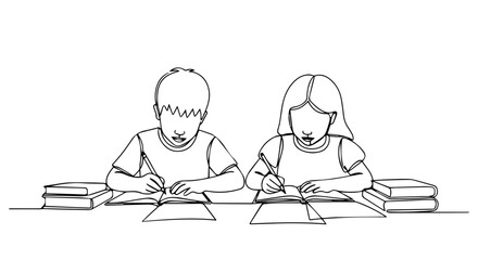 Help homework session with boy and girl students diligently working together at desk.  Focused children completing school assignments using books and pencils.