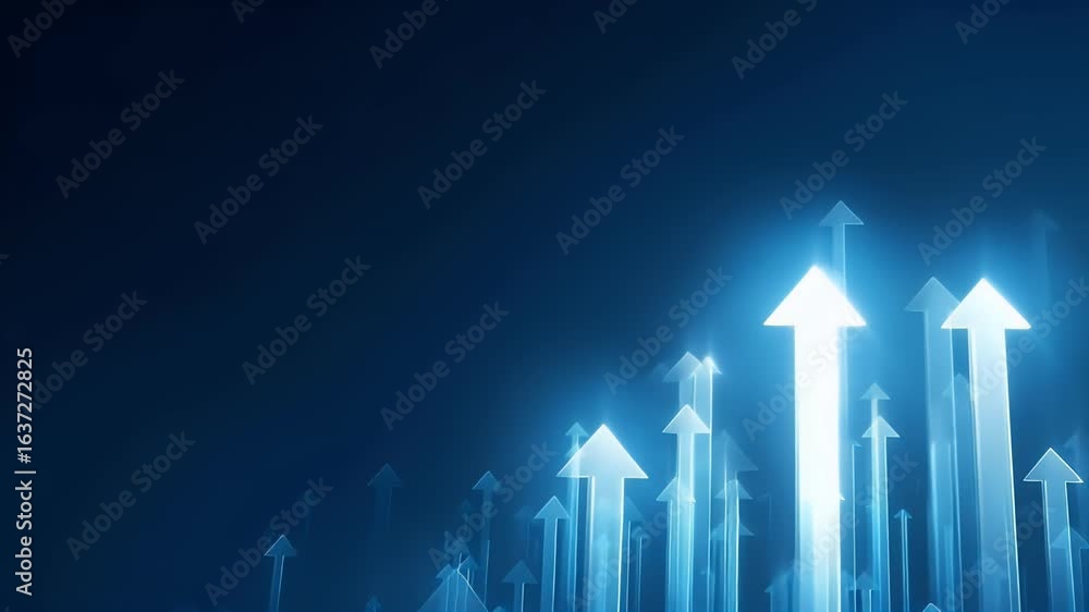 Poster blue background with glowing arrows pointing upwards, representing growth and success in business or