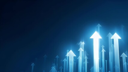 Blue background with glowing arrows pointing upwards, representing growth and success in business or technology. Vector illustration of an upward arrow graph on a blue banner for web design - Powered by Adobe