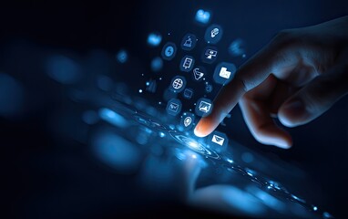 Hand interacts with glowing tablet, digital icons