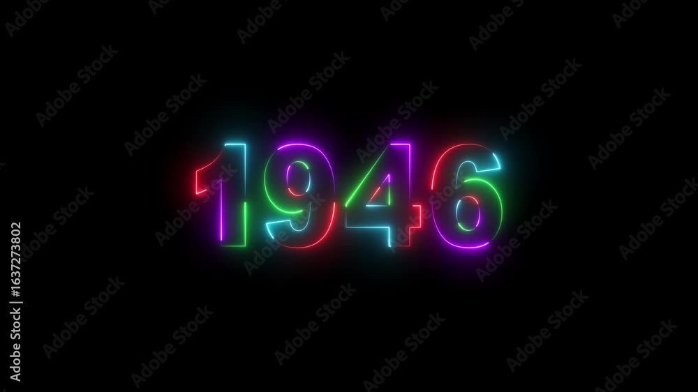 Poster 1946 number icon neon glow animation. 1946 text neon infinite loop animation.