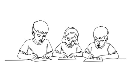 Kids writing on paper with pens in classroom, elementary students engaged in focused work. Depicts kids writing, learning, and developing fine motor skills during educational exercises.