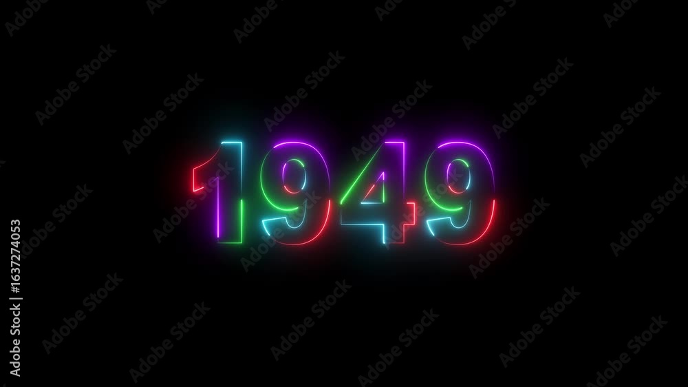 Aufkleber neon 1949 number icon neon glow animation. 1949 text neon infinite loop animation.