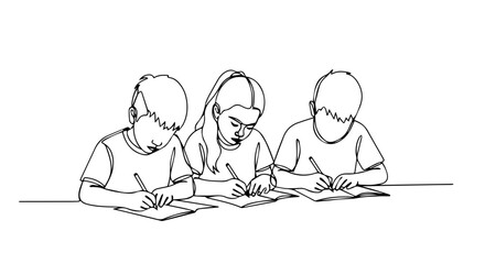 Line art depicts kids writing, showcasing study and creativity, using pens on paper. Kids writing, together, emphasizes concentration, education, and fine motor skills.