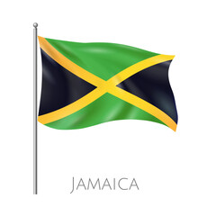 Waving flag of Jamaica on a flagpole, realistic vector illustration
