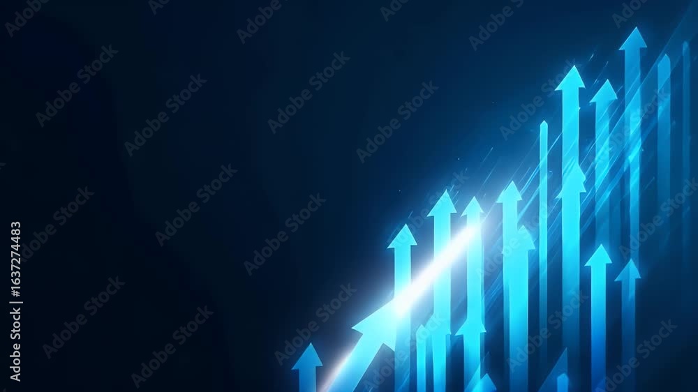 Poster blue background with glowing arrows pointing upwards, representing growth and success in business or