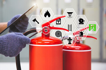 Fire extinguisher with hand checking with prevent icons for protection or prepare fire equipment...