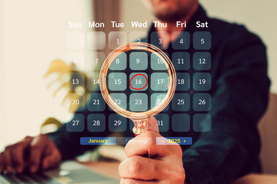 Hand touch visual background calendar of event planner or personal organization for business and appointment reminder and schedule planning.