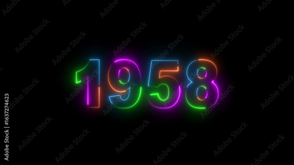Poster neon 1958 neon line text. abstract 1958 neon text animation ,for neon color glowing neon number text