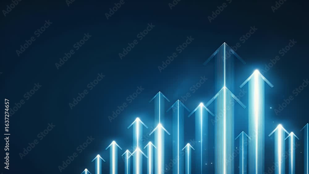 Poster blue background with glowing arrows pointing upwards, representing growth and success in business or