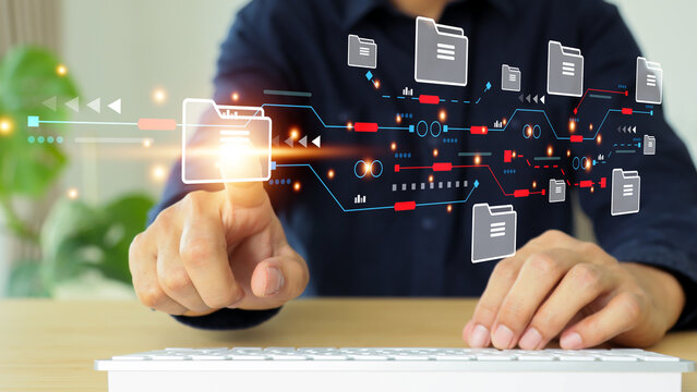 Hand use search engine for find data document management system detect or discover and online file transfer download or sharing and database service on computer network analytics concepts