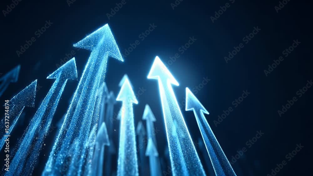 Poster blue background with glowing arrows pointing upwards, representing growth and success in business or