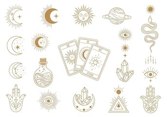 Mystical vector illustration displaying esoteric symbols and fortune telling elements