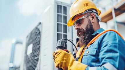 HVAC Technician in Hard Hat Servicing Outdoor Air Conditioning Unit