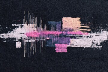 Abstract artwork with textured brushstrokes and color blocks, overlaid with audio waveform
