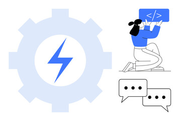 Woman programming with code display, gear with lightning icon. Ideal for tech innovation, web development, coding education, teamwork, software creation, automation, simple landing page