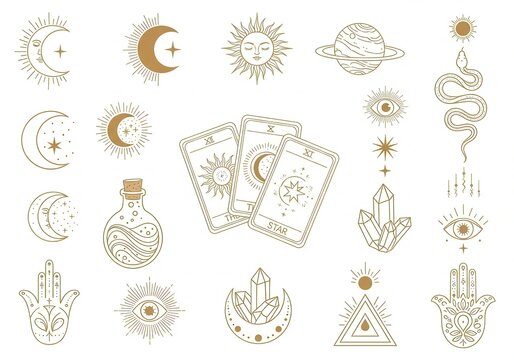 Mystical vector illustration displaying esoteric symbols and fortune telling elements