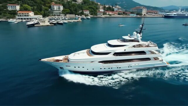 Luxury yacht cruising on azure water near coastal European villas serenity