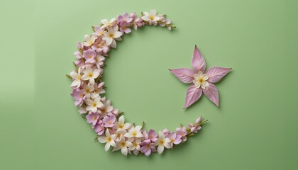 Floral crescent moon and star arrangement on a light green background flat lay top view close up shot