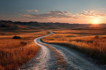 Winding dirt road at golden sunset through a vast prairie landscape
