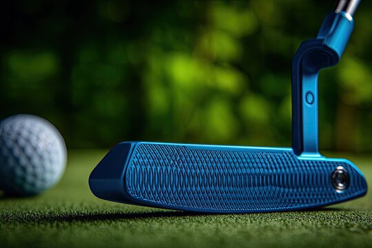 Close-up golf putter, blue, on green - Powered by Adobe