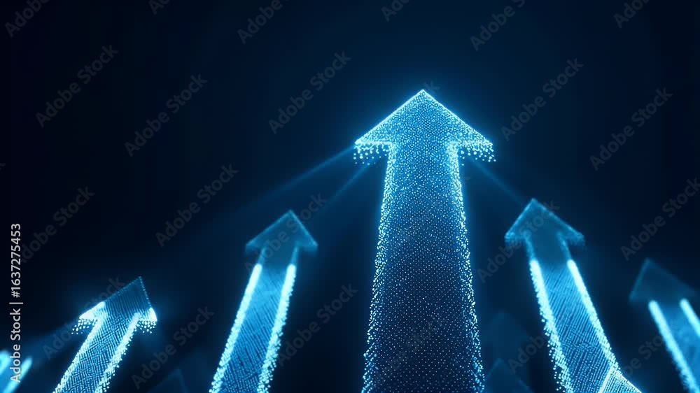 Poster blue background with glowing arrows pointing upwards, representing growth and success in business or