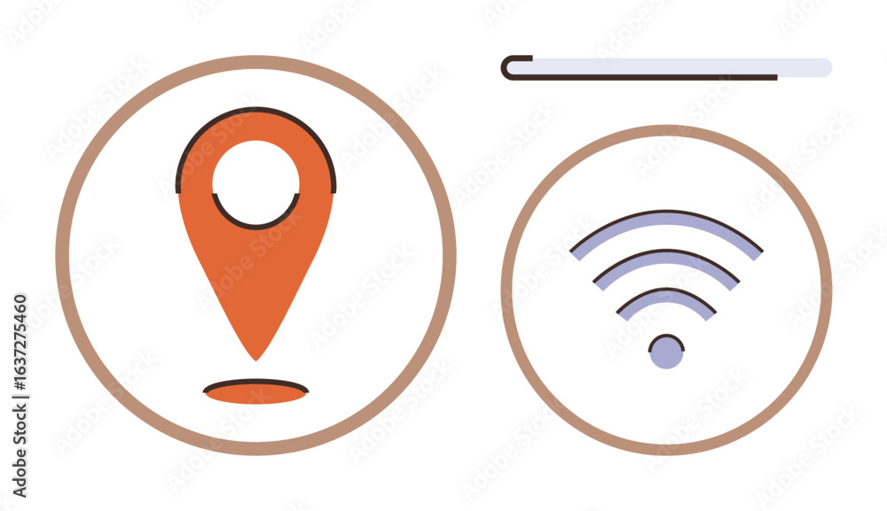 Poster geolocation marker in circle next to wireless connectivity signal icon. progress bar above. ideal fo