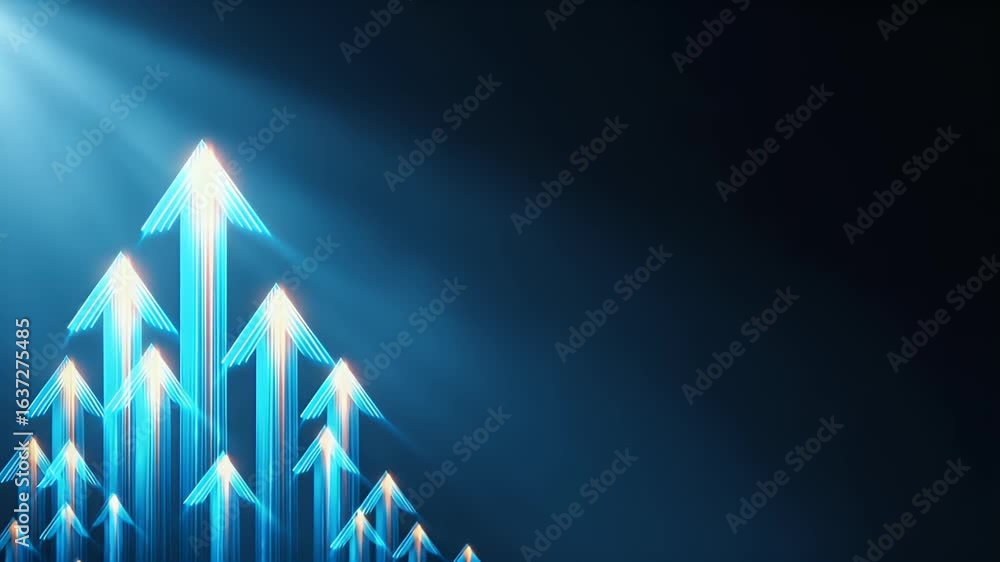 Poster blue background with glowing arrows pointing upwards, representing growth and success in business or