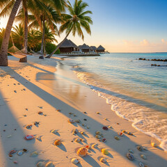 Beautiful Tropical Beach with Palm Trees and Overwater Bungalows at Sunset