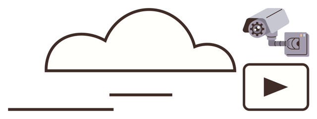 Cloud outline with security camera and play button. Ideal for cloud computing, data storage, video streaming, online security, digital monitoring, technology advancements, simple flat metaphor