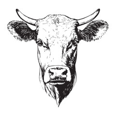 Cow, bull, farm. Vintage retro print, black white cow sketch ink pencil style drawing, engraved old school. Sketch artwork silhouette farm cow, white background